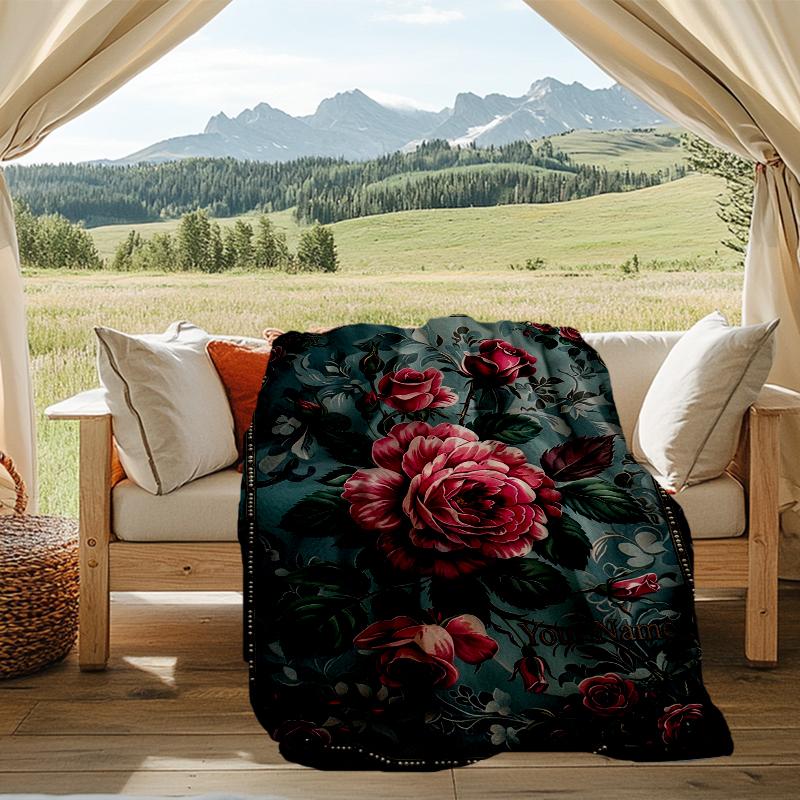 Custom Name Vintage floral art. Flannel Fleece Blanket Cozy Warm Throw Blanket For Couch Bed Travel All Season Use