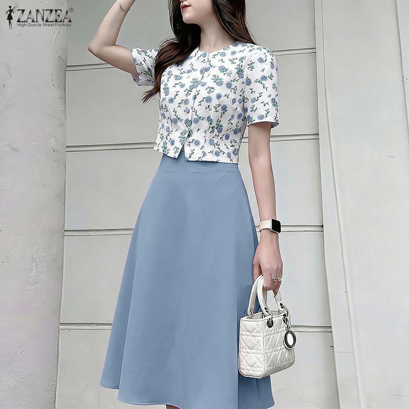 ZANZEA Completo estivo due pezzi da donna con blusa a maniche corte floreale e gonna midi