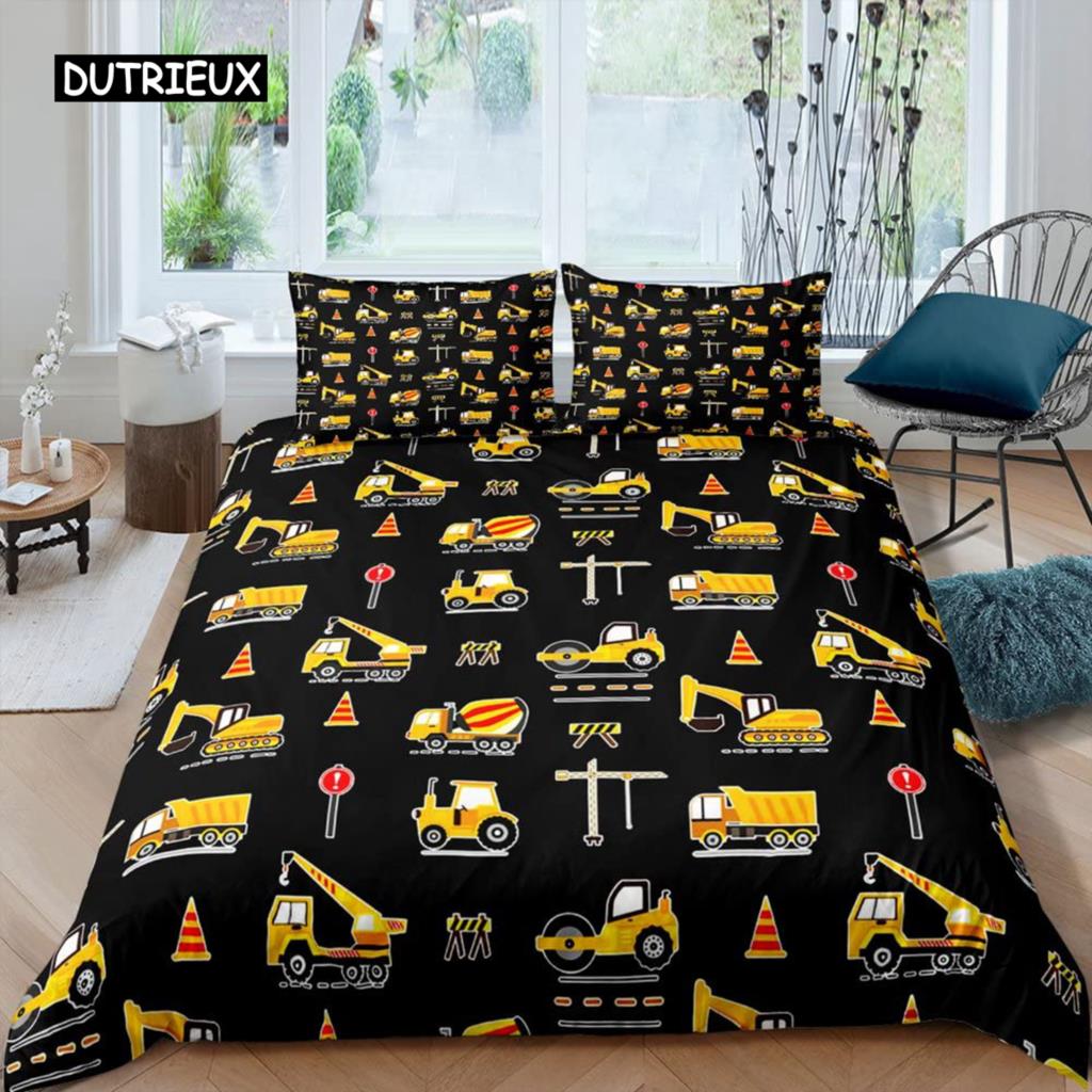 Excavator Duvet Cover Set Microfiber Tractor Truck Comforter Cover Twin Construction Vehicle Cartoon Bedding Set for Boys Teens