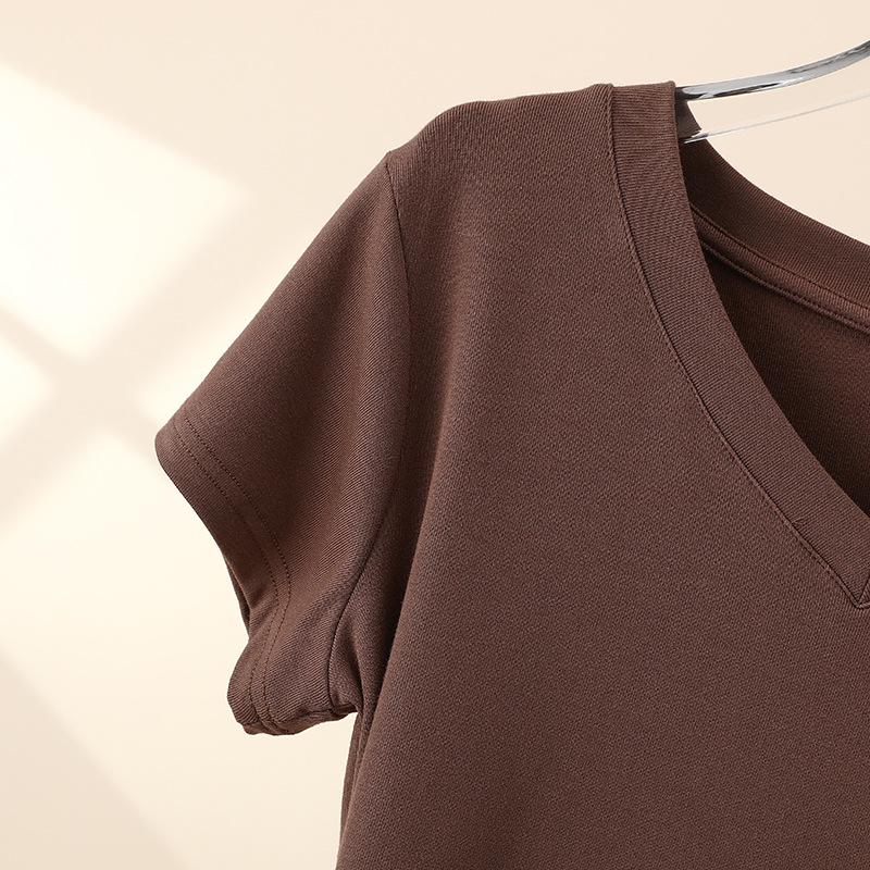 Dames 2025 Zomer Katoen V-Hals Korte Mouw Slankmakend Basic T-Shirt