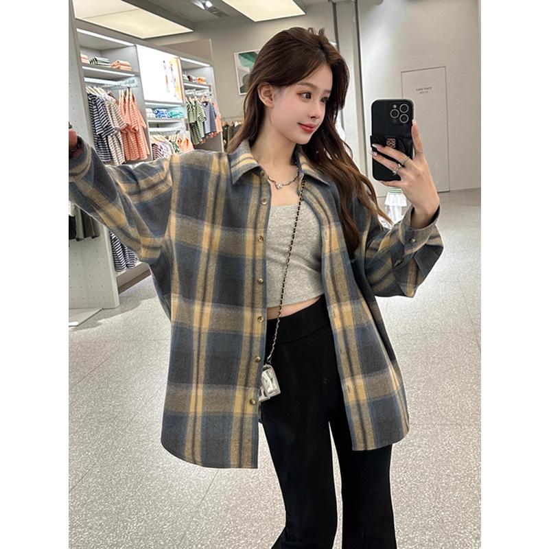 American Retro Plaid Long Sleeve Shirt Jacket for Women - Small Size, Spring/Autumn 2024