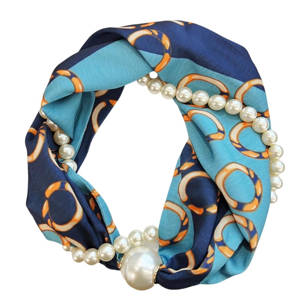 Magnetic Clasp Pearls Chain Necklace Floral Satins Scarf Elegant Silk Skinny Narrow Neckerchief for Fashionable Women