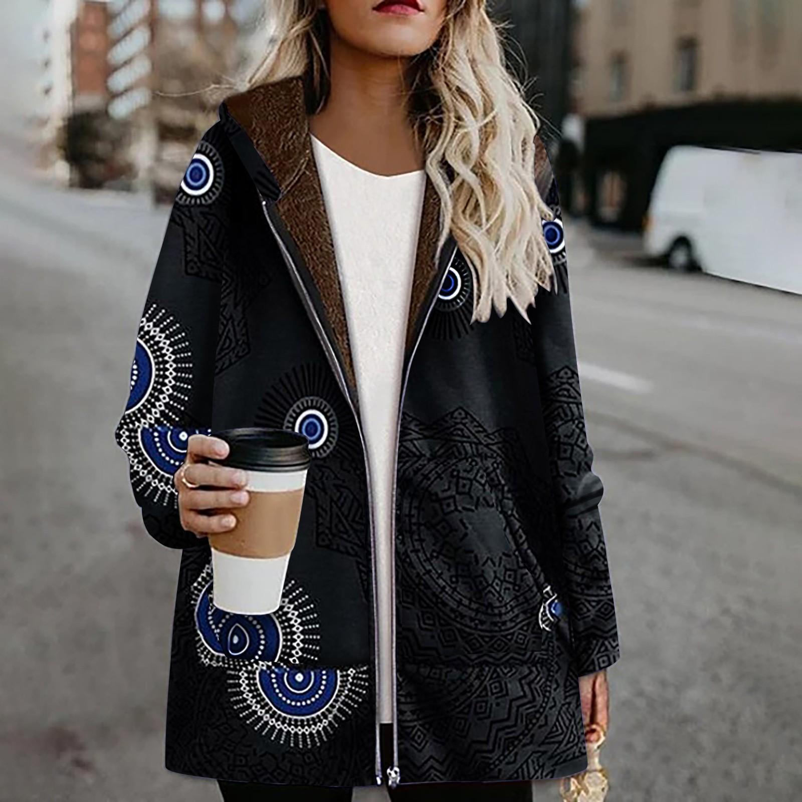 

Женская повседневная верхняя одежда, зимнее теплое пальто с ретро-принтом и карманами на молнии с капюшоном, толстое пальто больших размеров M