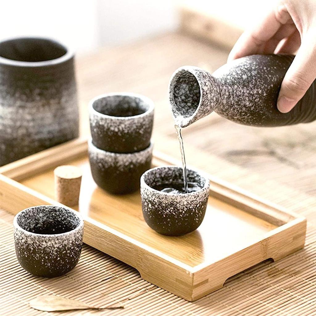 6 PCS Sake Set with Warmer, Japanese Traditional Ceramic Japanese Sake Cup Sets with Warmer, 1 Sake Pot, 4 Sake Cup and Warming Pot