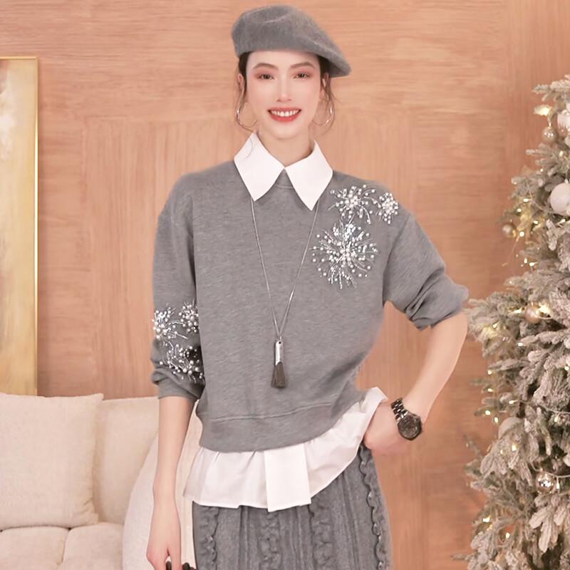 Women s Faux Two-Piece Lapel Sequin Sweatshirt L