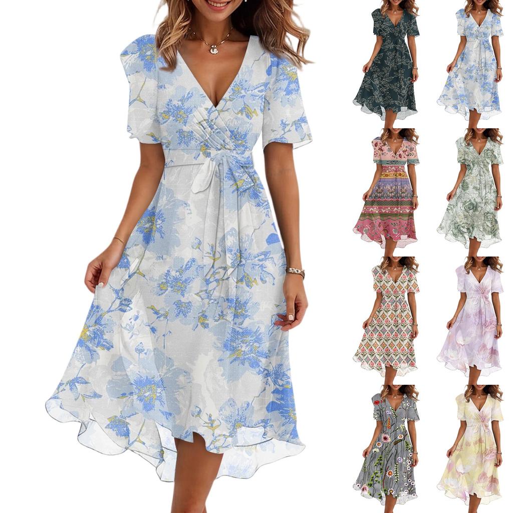 Women's Fashion Casual V Neck Short Sleeve Ruffled Vintage Printed Dresses