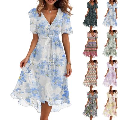 Women's Fashion Casual V Neck Short Sleeve Ruffled Vintage Printed Dresses