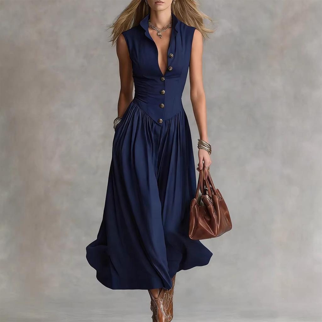 Women's Casual Fashion Lapel Long Sleeveless Dress