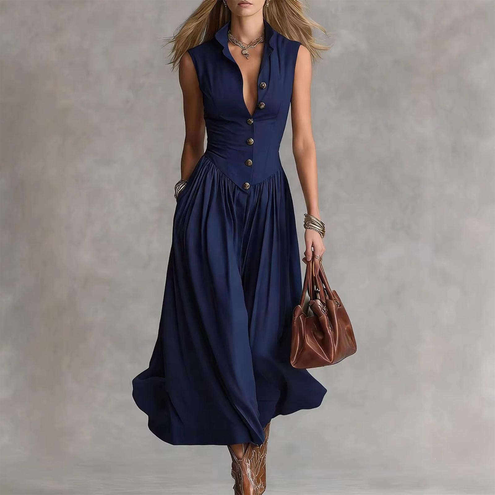 Women s Casual Fashion Lapel Long Sleeveless Dress L