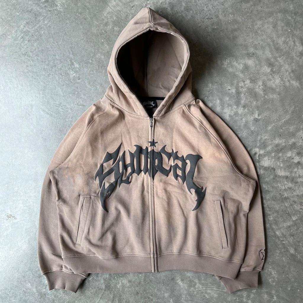 New American Retro Women Zipper Sweatshirt Gothic Letter Star Print Hoodie Trendy Men Casual Jacket
