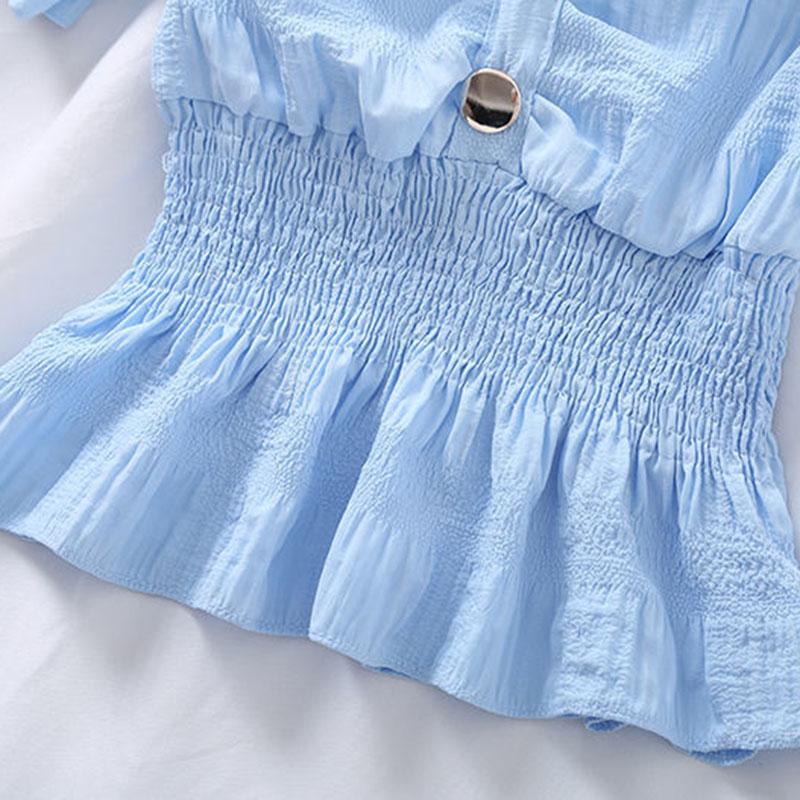 Ruffled Short-sleeve Shirt Nipped Waist Solid Pleated Button Down Top Female Chiffon Blouse Square Neck Chiffon Shirt
