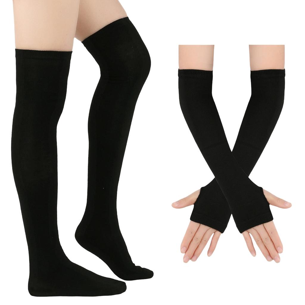 Women's Halloween Striped Over-the-Knee Socks and Gloves Set, Colorful Matching Party Costume Accessories