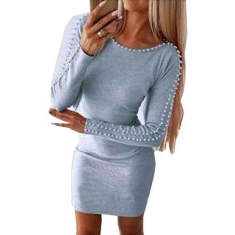 Jesień/Zima Europejska i Amerykańska Wyszczuplająca Sukienka A-line z Koralikami Bodycon - Długi Rękaw, Seksowny Krój