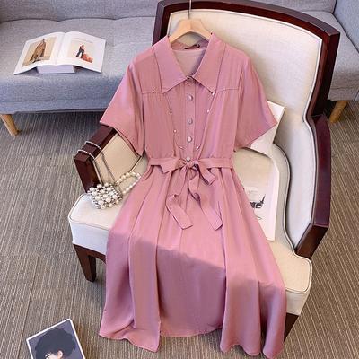 Übergröße Damenkleid Neu Rosa Fortgeschrittenes Lichtkleid Kurzarmhemd Langes Kleid