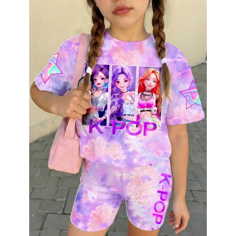 Kpop Cartoon Graphic Girls T-Shirt and Pants Set Girls' Summer Clothing Cute Short Sleeve Set Children's T-Shirt and Shorts Set