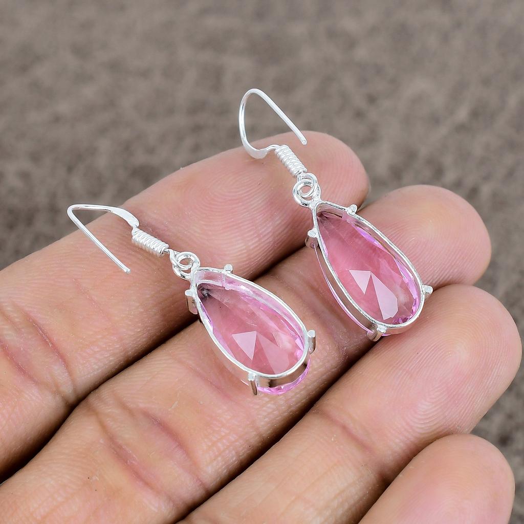Pink Kunzite Gemstone Handmade 925Sterling Silver Jewelry Earring 1.50" KKG-119
