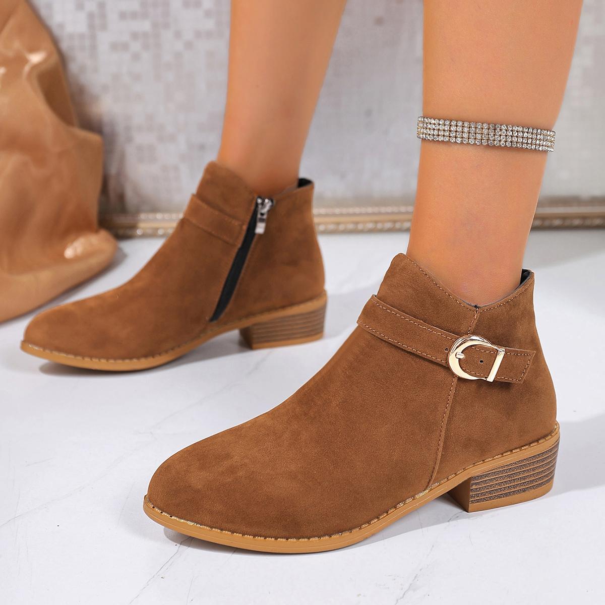 

Men Women Spring Autumn Boots Leather PuLeather Platform Brown Retro Buckle Strap Ankle Low Heels Woman Side Zipper Short Botas 40