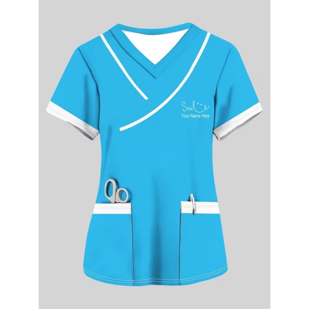 Surgical Gown Women's 3D Printed Nurse Top Summer Fashion V-tie Pocket Short Sleeved Women's Medical Gown