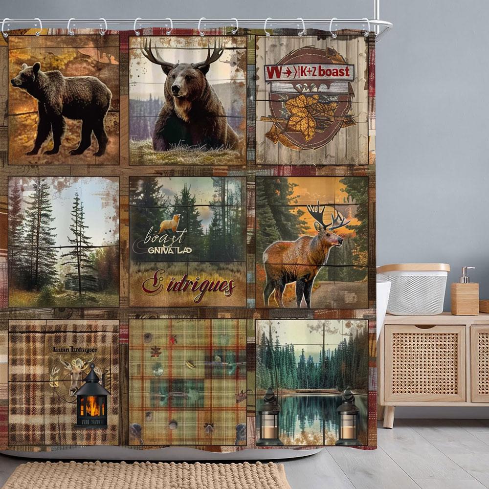 Vintage Lattice Outdoor Camping Shower Curtain Bear Deer Forest Rustic Wooden Panels Shower Curtains Bathroom Decor With Hooks