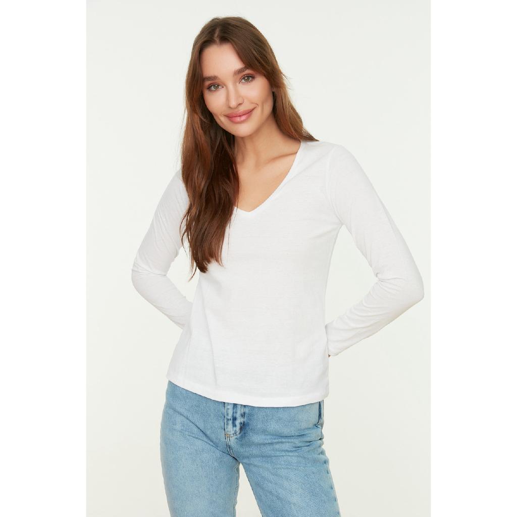 Black 100% Cotton Regular/normal Fit Basic V-neck Long Sleeve Knitted T-shirt Twoaw21ts0099
