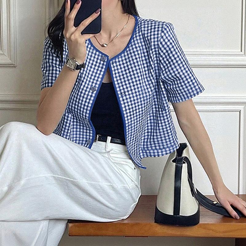 

ZANZEA Women Casual Round Neck Short Sleeve Plaid Print Button Blouse 4XL світло-синій колір