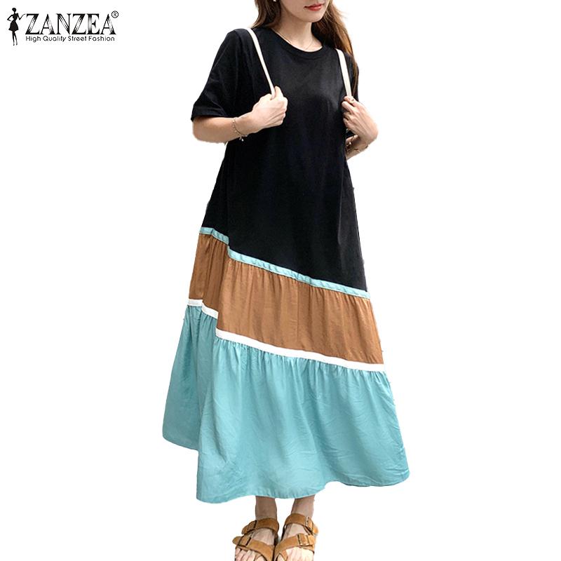 

ZANZEA Женское повседневное платье с круглым вырезом и коротким рукавом в стиле пэчворк, длинное S фиолетовый