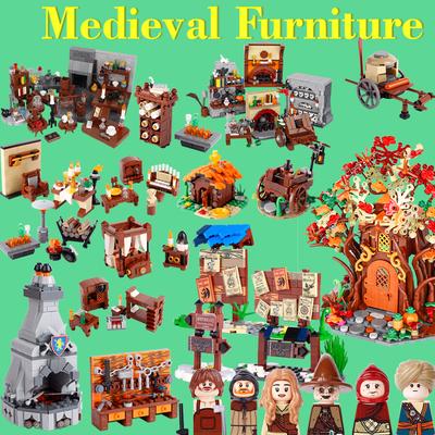 MOC Medieval Castle Building Blocks Set House Bedroom Table Furniture Kitchen Knight Witch Wizard Halloween Skeleton Brick Toys