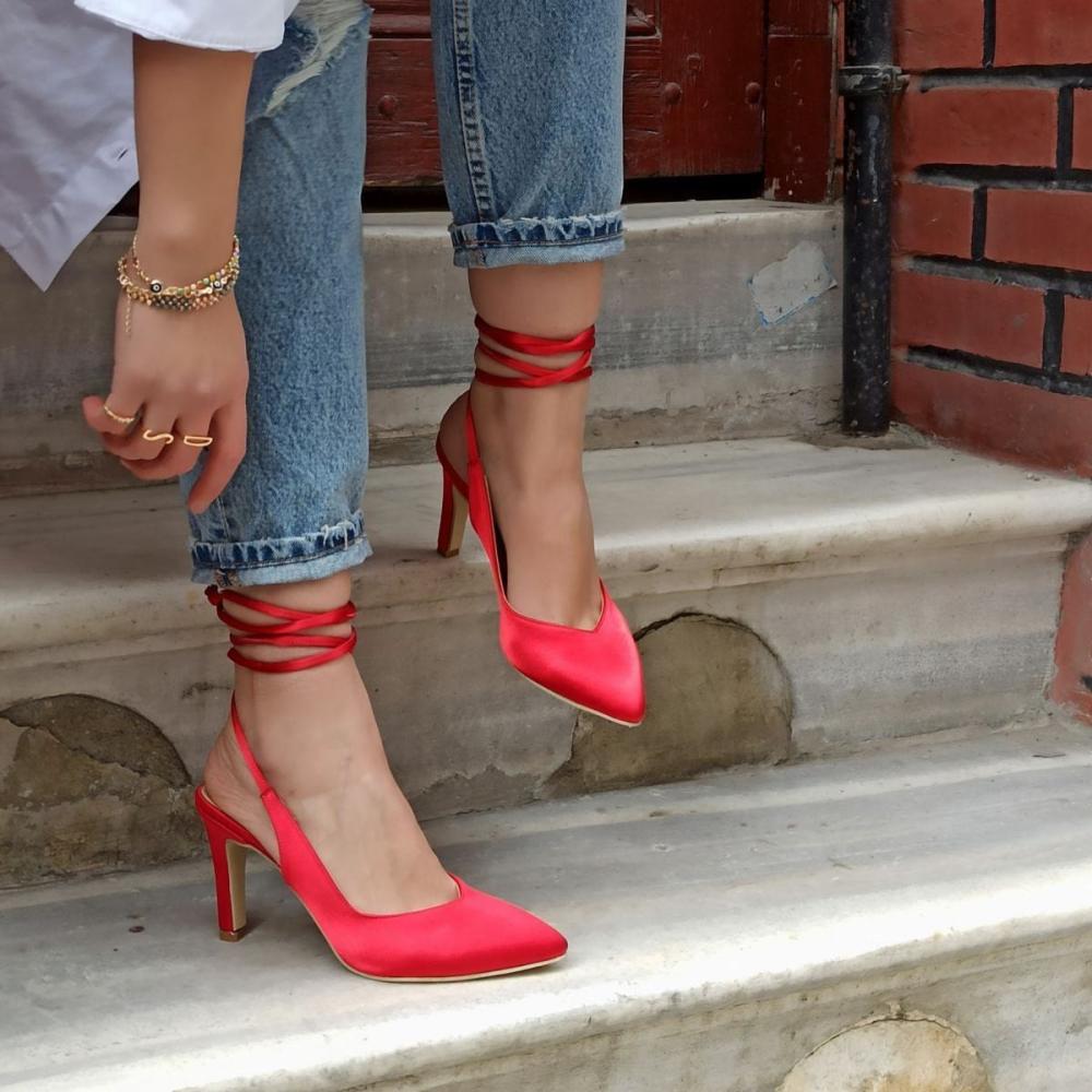 Women's Fashion Lilac Color Satin Drawstring Heeled Shoes