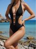 2026 New European & American Solid Color Halter Tie One-Piece Swimsuit