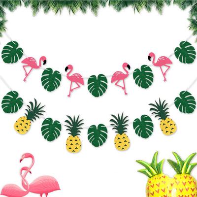 Hawaiian Party Decoration Green Leaf Pineapple Flamingo Banner Tropical Hawaii Theme Banners Happy Hawaiian Birthday Party Decor