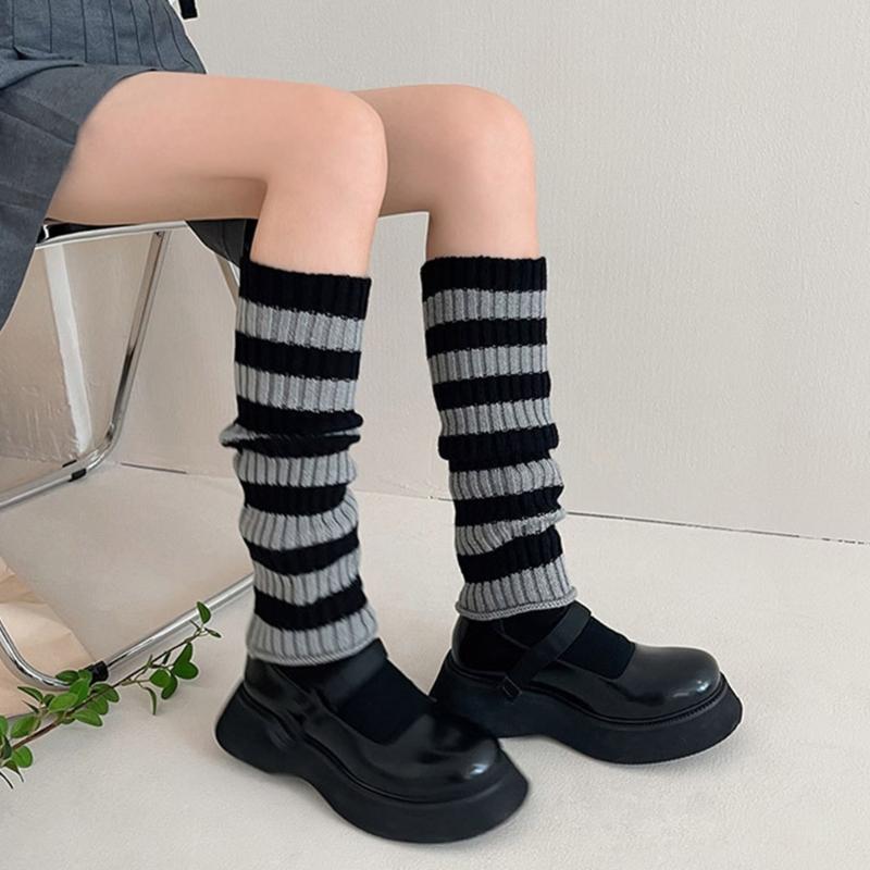 Winter Autumn Ribbed Knitted Leg Warmers Student Contrast Color Striped Foot Covers Middle Tube Calf Socks for Women