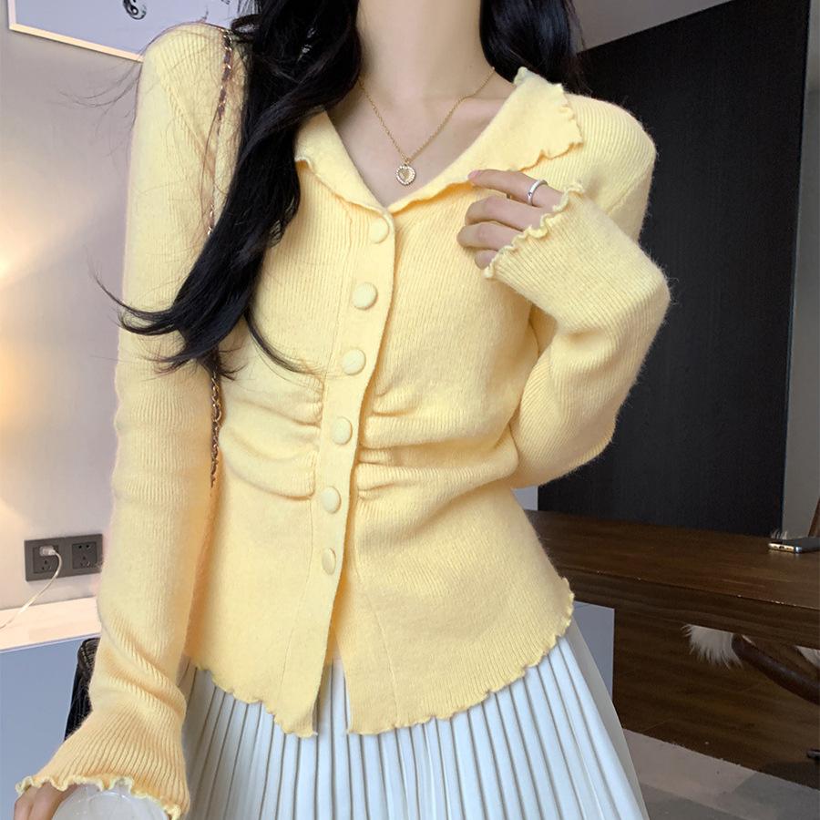 Core-spun Yarn Washing Water, Korean Lapel Fungus Edge Soft Waxy Knitted Cardigan Women's New Inner Versatile