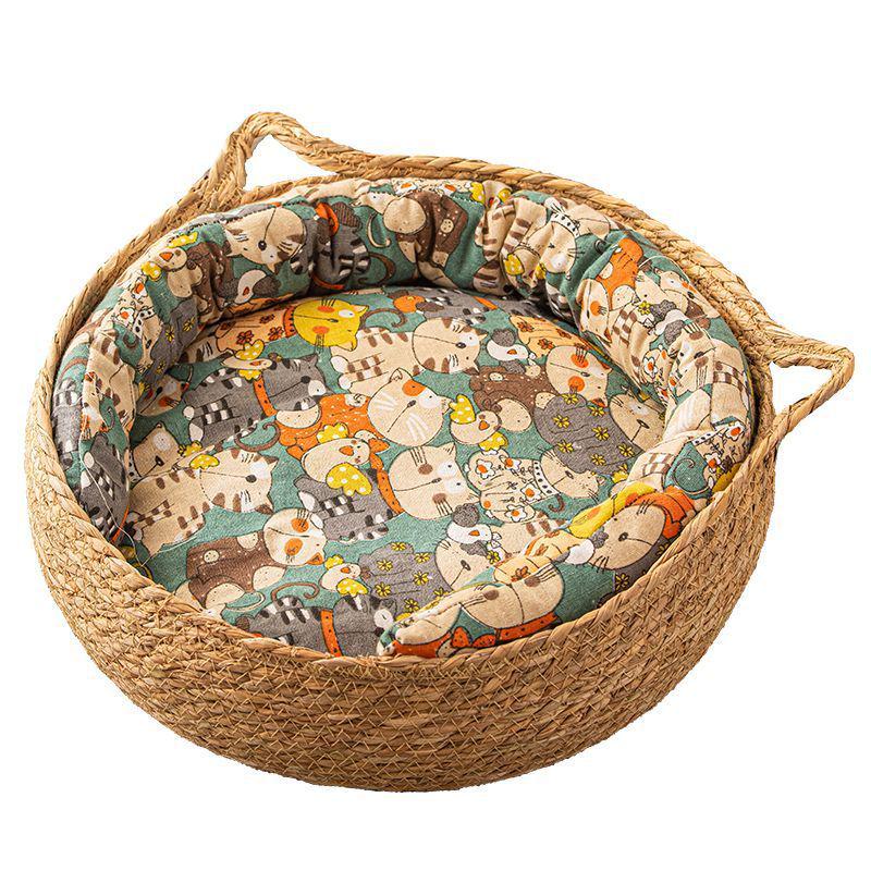 Four Seasons Rattan Cat Nest: Cozy Straw-Weaved Bed for Cats & Small Dogs