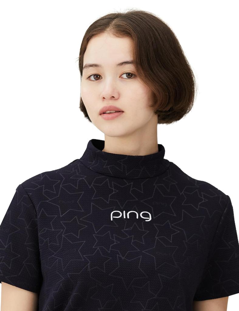 Short Sleeve High Neck Shirt 3D Embossed Golf M [Pin Apparel] Women's (UV Protection, Jacquard) / / 622-4167206 120_Navy