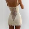 Women Satin Fishbone Corset Mini Dress Lace Trim Spaghetti Strap Bodycon Dress French Style Slim Fit Sexy Sheer Lace Split Short Summer Pure Desire