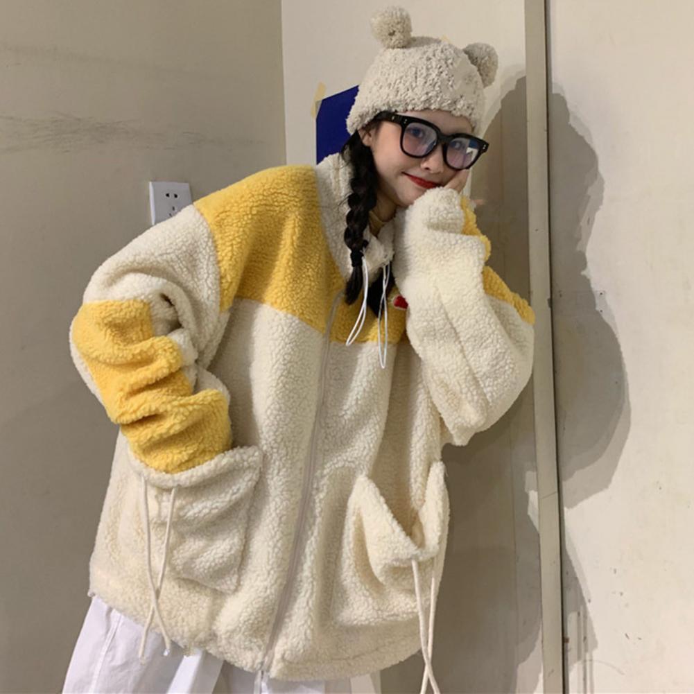 Women Winter Coat Colorbblock Thick Soft Plush Cold Resistant Patchwork Big Pockets Long Sleeve Drawstring Lady Outdoor Coat