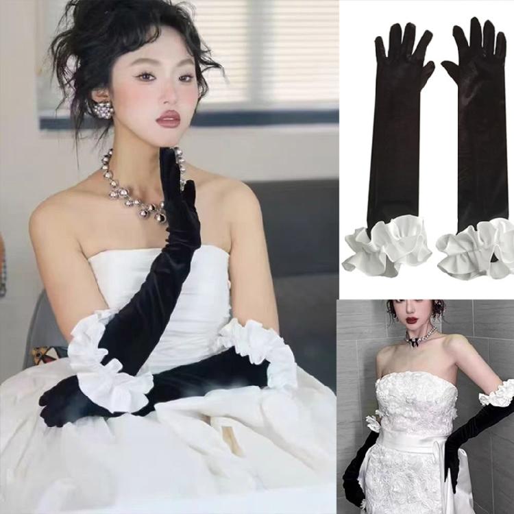 Elegant Fingerless Gloves Ruffle French Unique Outfits Long Gloves for Flapper Bride Wedding Dancing Accessories