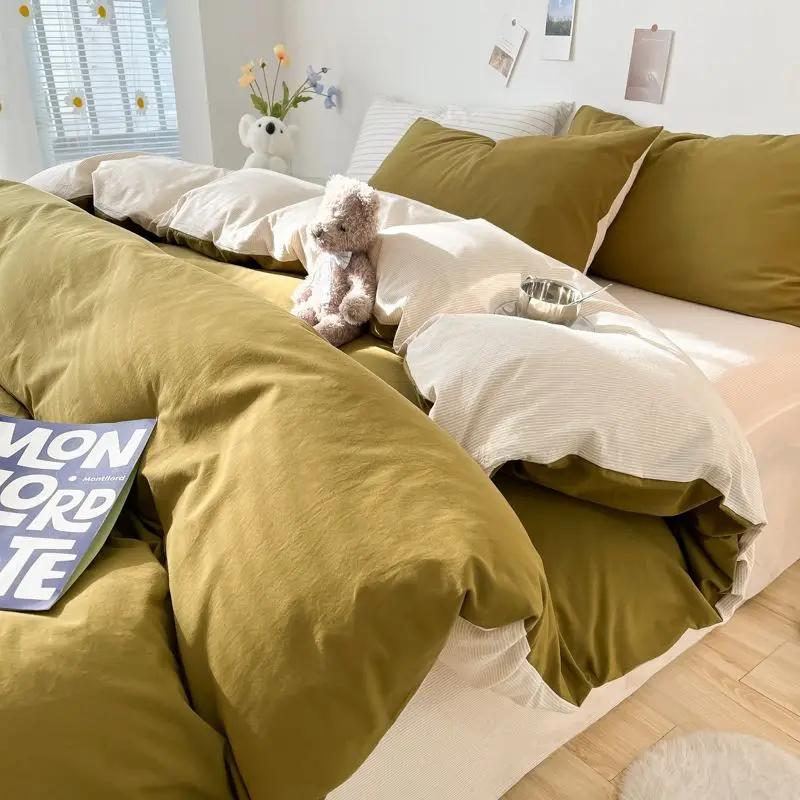 INS Plaid Bedding Set Pink Green Bed Linens Nordic Duvet Cover Pillowcase Queen Size Flat Sheet Adults Kids Bedclothes