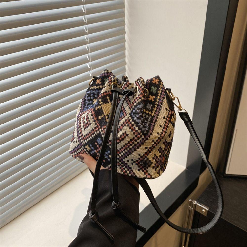 Fashion Linen Fabric Bucket Bag Floral Ethnic Style Crossbody Bag Handbag Women