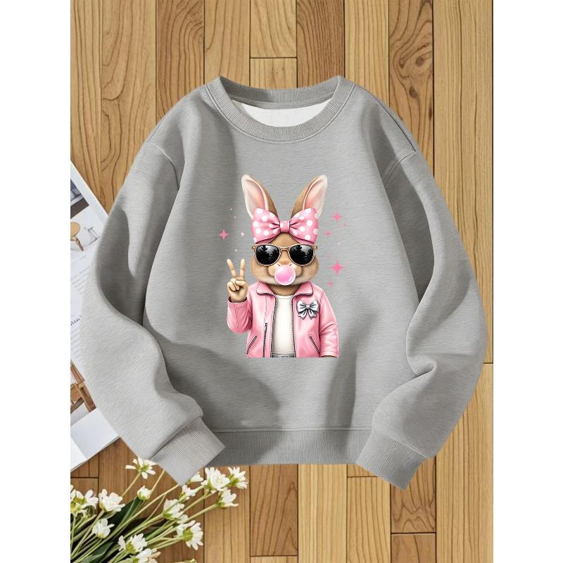 European sizes Pink Bunny with Glasses Print Kids' Crewneck Sweatshirt, Sweet and Cute Style, Perfect Gift for Kids