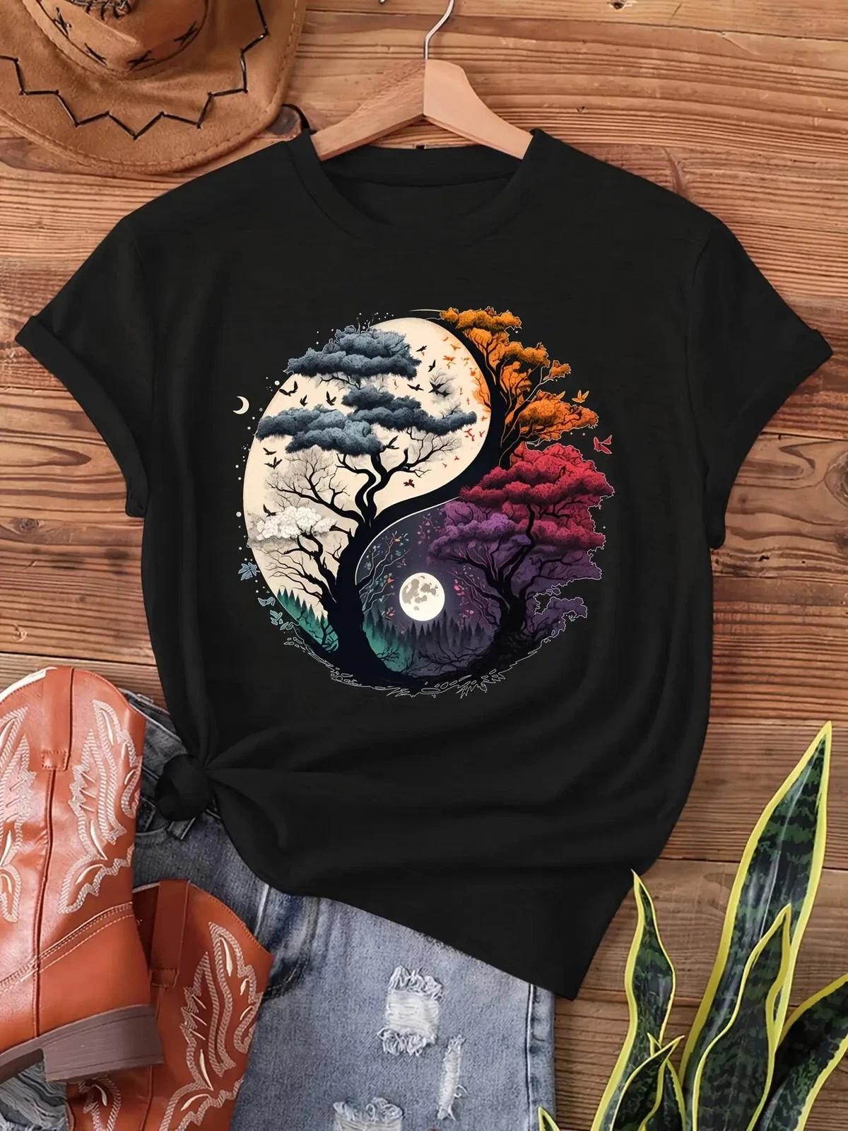 Women Yin Yang Tree Of Life Graphic T- Shirt Spiritual Casual Crew Neck Tee Top 4XL