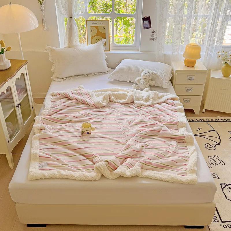 2025 New Striped Milk Fleece Double Blanket Warm Thickened Coral Fleece Office Nap Blanket