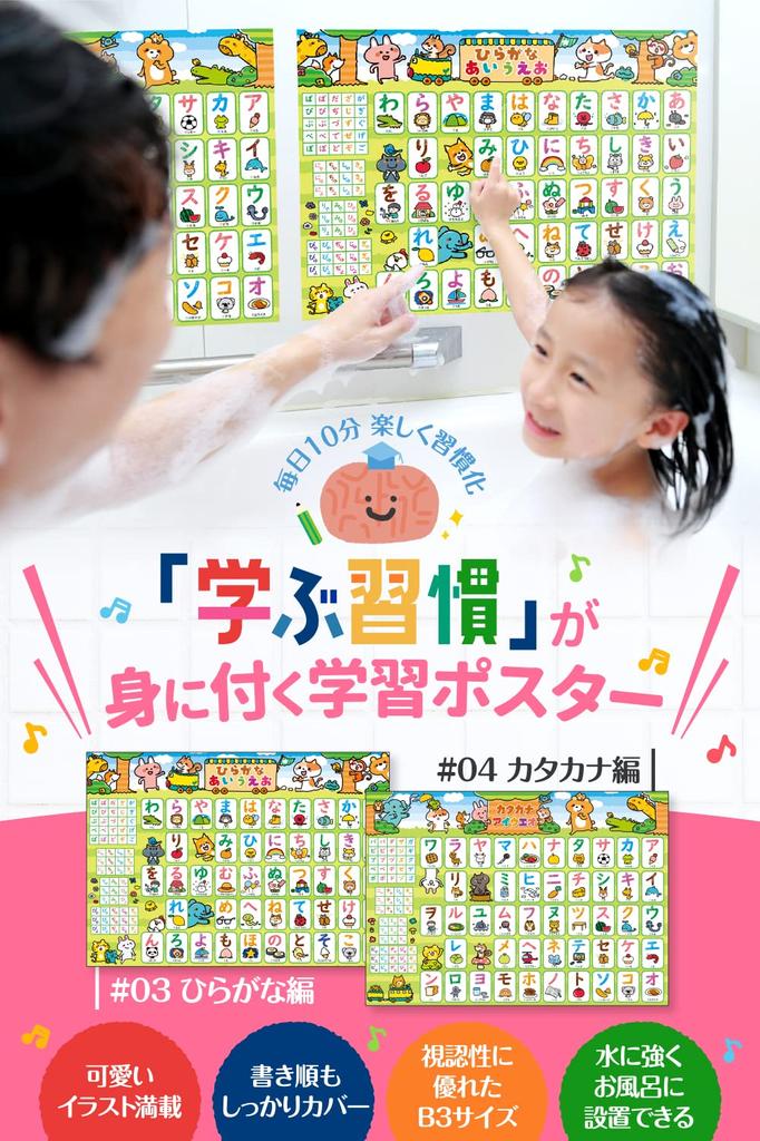 Conjunto de pósteres de baño con alfabeto Hiragana Aiueo en inglés para estudio de rutina escolar [¡Deluxe 4! Katakana del Doctor Educativo...