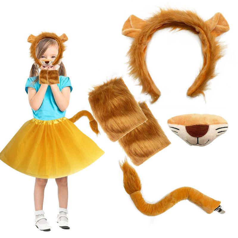 Kinder Jungen Mädchen Tier Löwe Cosplay Kostüme Ohren und Schwanz Stirnband Rock Set Zubehör Halloween Karneval Party Verkleidung