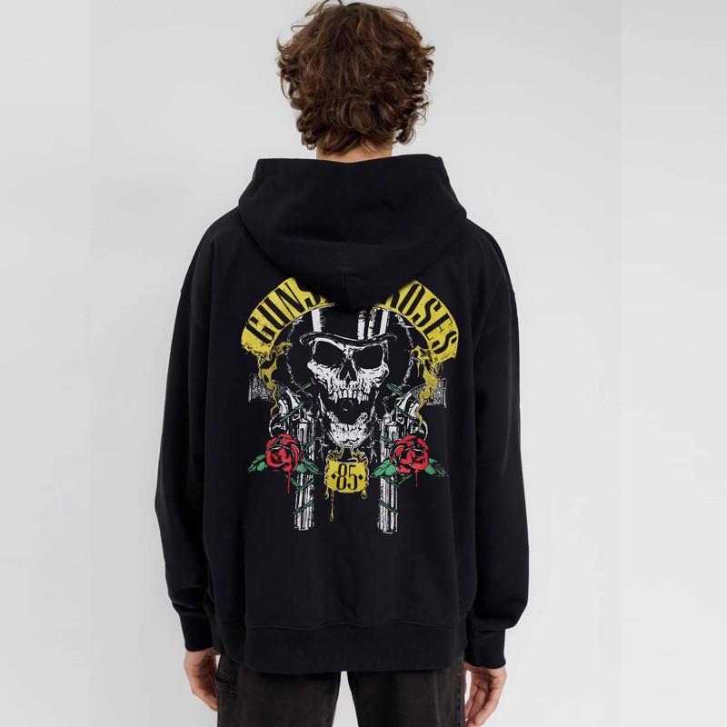 Kafatası Baskılı Unisex Oversize Kapüşonlu Sweatshirt Rock Band Tarzı Pamuklu Polar Astarlı Kışlık Günlük Giyim