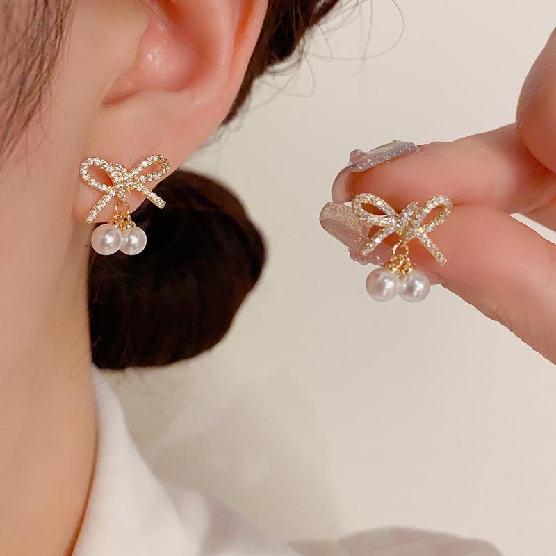 Sweet Bow Knot Pearl Drop Earrings Luxury Niche Design Fashion Jewelry For Women