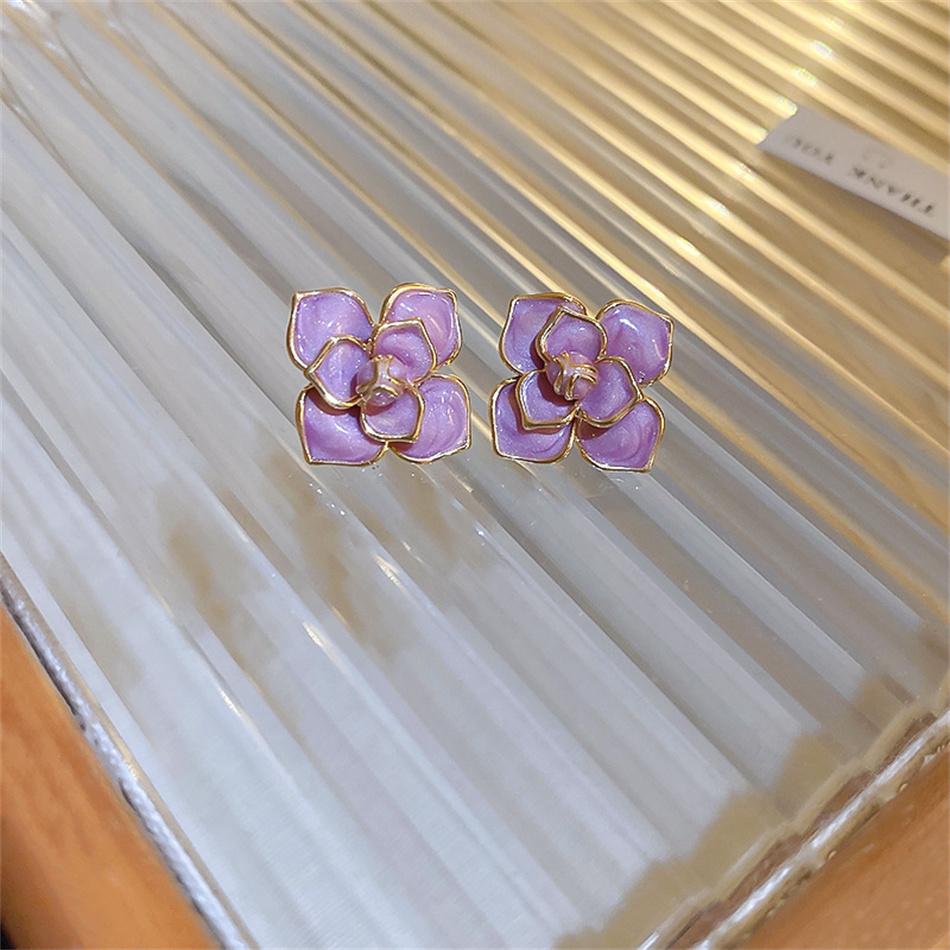 Glaze Purple Color Flower Stud Earring for Women French Retro Elegant Korean Sweet Ear Wedding Party Jewelry Gift