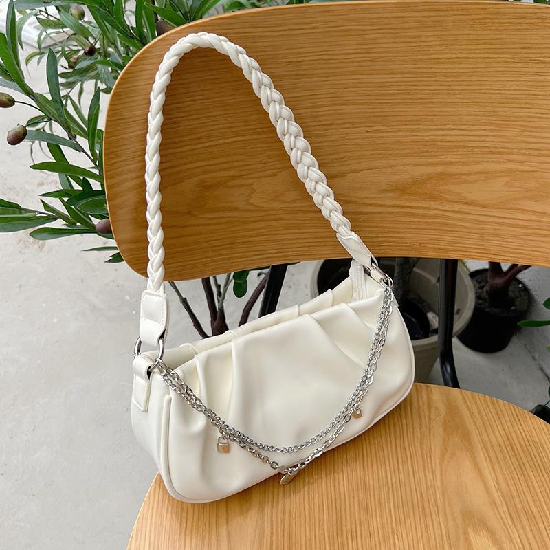 Mode Weiße Plissierte Wolken Schultertaschen Schlichte Kette Achseltasche Lässiger Schwarzer Webriemen Umhängetaschen Damen Handtaschen