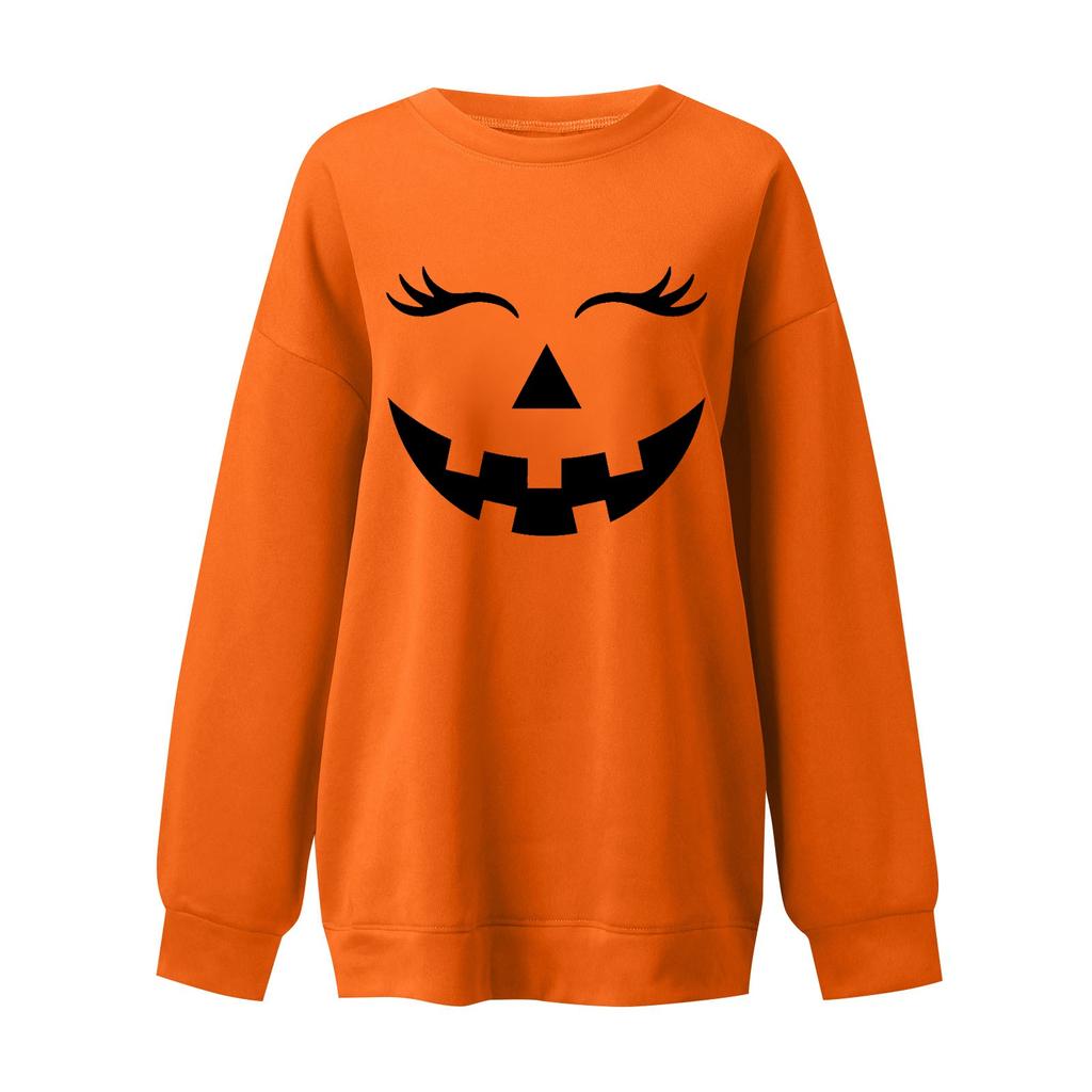 Women's Halloween Pumpkin Face Sweatshirt - Long Sleeve Casual Pullover for Fall