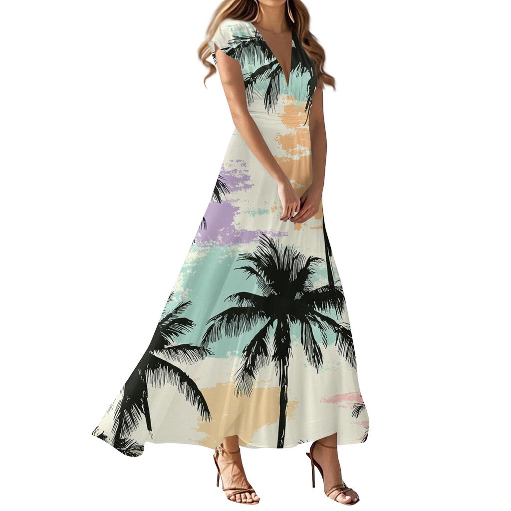Women's Summer Casual Fashion Beach Printed Dresses V-Neck Short Sleeve Dresses